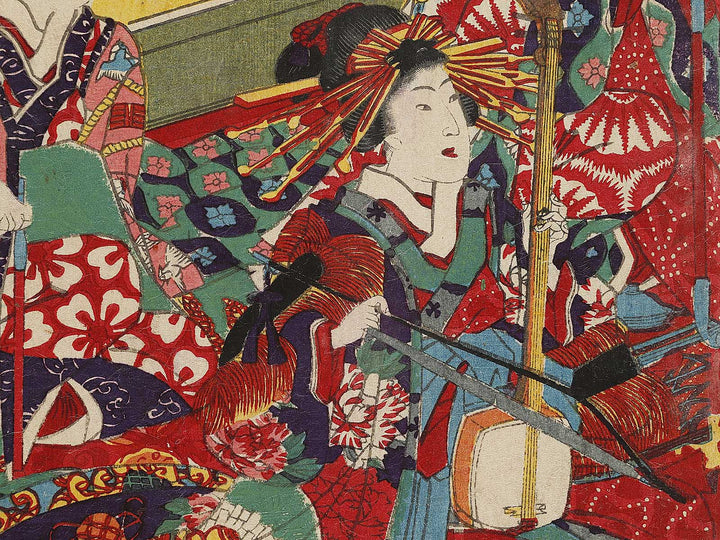 Shin yoshiwara edomachi kinpeiro imamurasaki no zashiki sankyoku no zu by Utagawa Yoshitora / BJ327-663