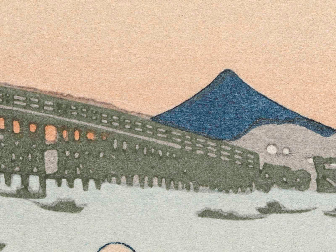 Viewing Sunset over the Ryogokubashi Bridge from the Onmayagashi River Bank from the series Thirty-six Views of Mount Fuji by Katsushika Hokusai, (Medium print size) / BJ283-612