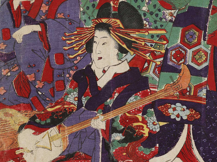 Shin yoshiwara edomachi kinpeiro imamurasaki no zashiki sankyoku no zu by Utagawa Yoshitora / BJ327-663