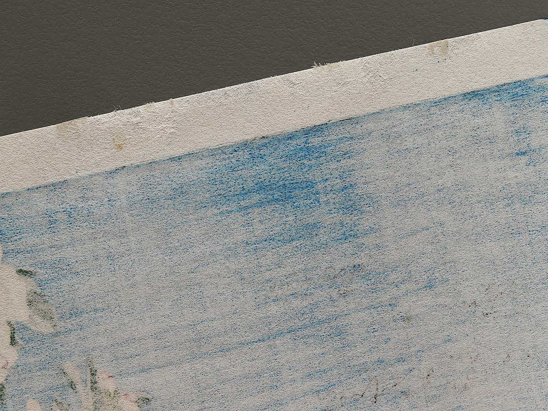 Weeping cherry blossoms against a dark indigo background, capturing the moment a Japanese bullfinch comes to peck at the blossoms. by Katsushika Hokusai, (Medium print size) / BJ321-643