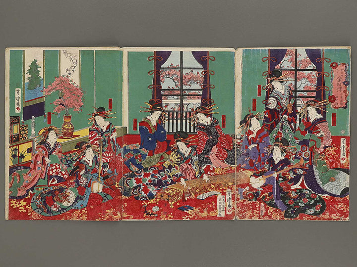 Shin yoshiwara edomachi kinpeiro imamurasaki no zashiki sankyoku no zu by Utagawa Yoshitora / BJ327-663