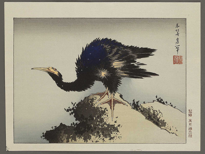 A cormorant stands resolute at the head of a rock by the sea by Katsushika Hokusai, (Medium print size) / BJ325-017