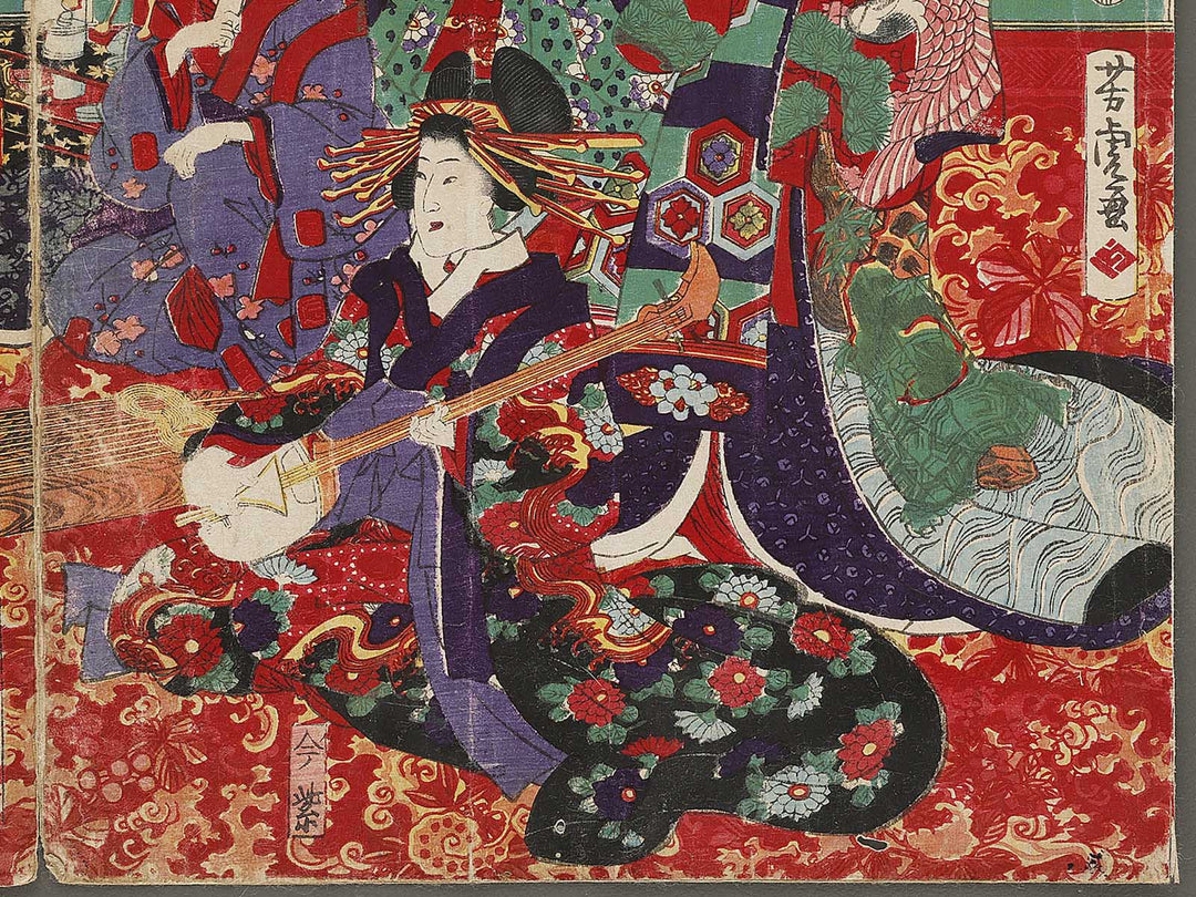 Shin yoshiwara edomachi kinpeiro imamurasaki no zashiki sankyoku no zu by Utagawa Yoshitora / BJ327-663