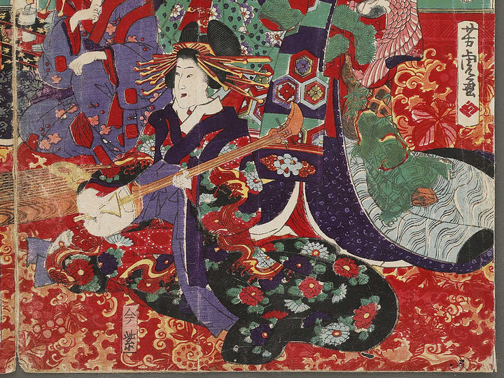 Shin yoshiwara edomachi kinpeiro imamurasaki no zashiki sankyoku no zu by Utagawa Yoshitora / BJ327-663