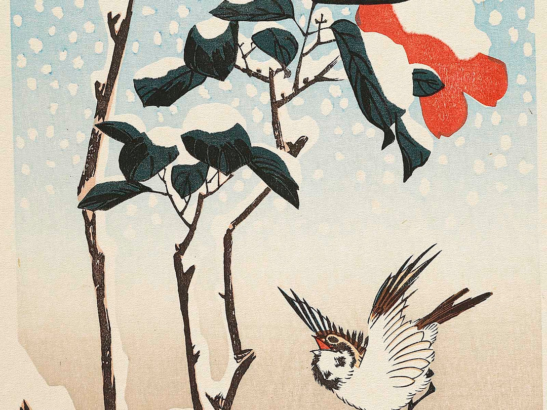 A camellia and sparrow during the snow by Utagawa Hiroshige, (Medium print size) / BJ328-118