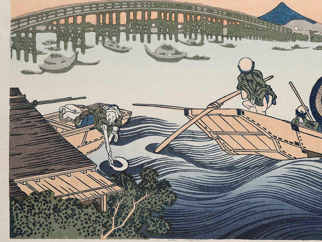 Viewing Sunset over the Ryogokubashi Bridge from the Onmayagashi River Bank from the series Thirty-six Views of Mount Fuji by Katsushika Hokusai, (Medium print size) / BJ283-612