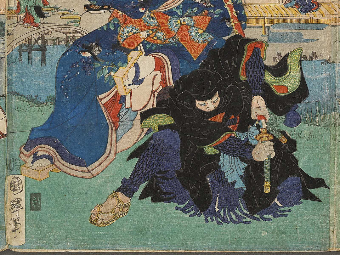 Mitsuuji struggles with a thief from Kasumitatsu Miyoshi no Genji by Utagawa Kuniteru / BJ327-642