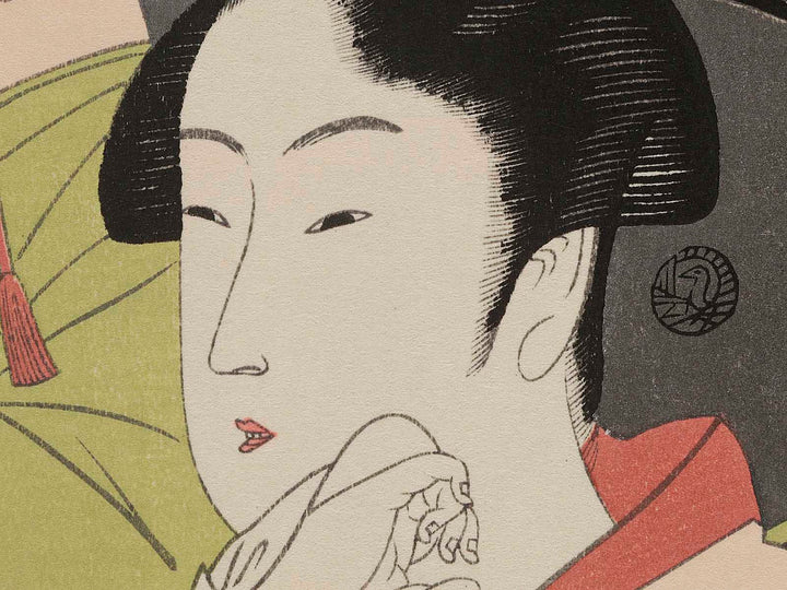 Asazuma-bune, Folding Fan Seller, Utamakura from the series Female Geisha Section of the Yoshiwara Niwaka Festival by Kitagawa Utamaro, (Medium print size) / BJ281-918