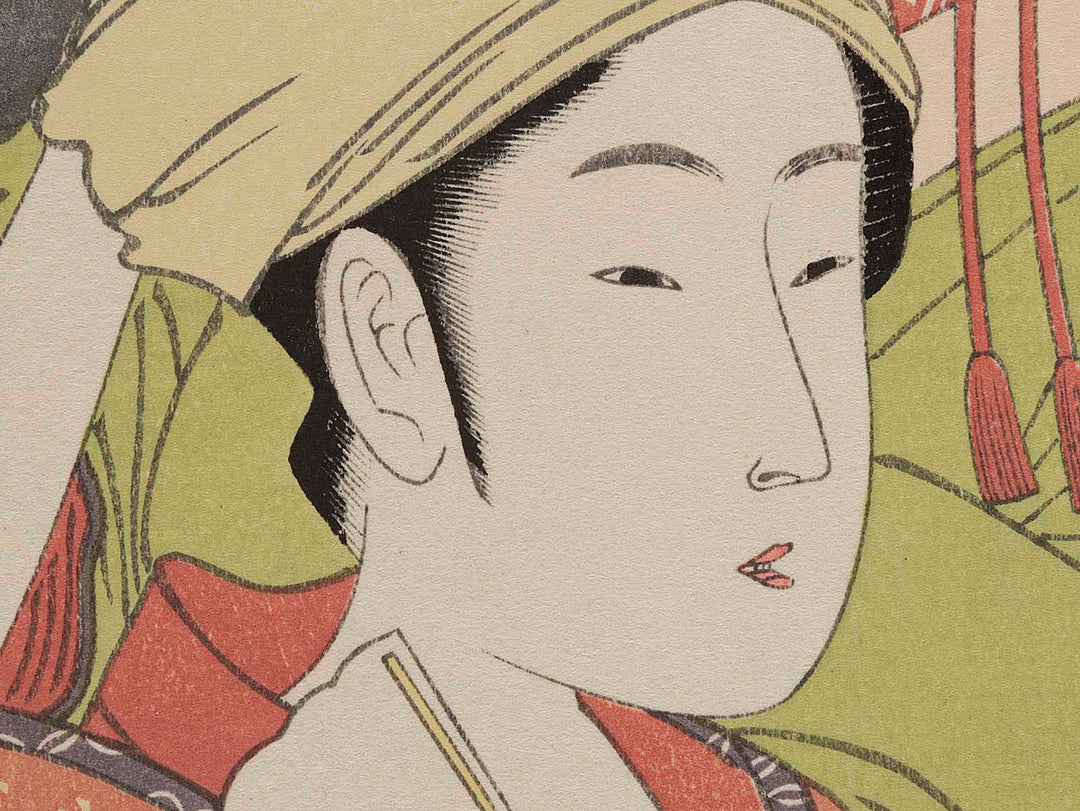 Asazuma-bune, Folding Fan Seller, Utamakura from the series Female Geisha Section of the Yoshiwara Niwaka Festival by Kitagawa Utamaro, (Medium print size) / BJ281-918