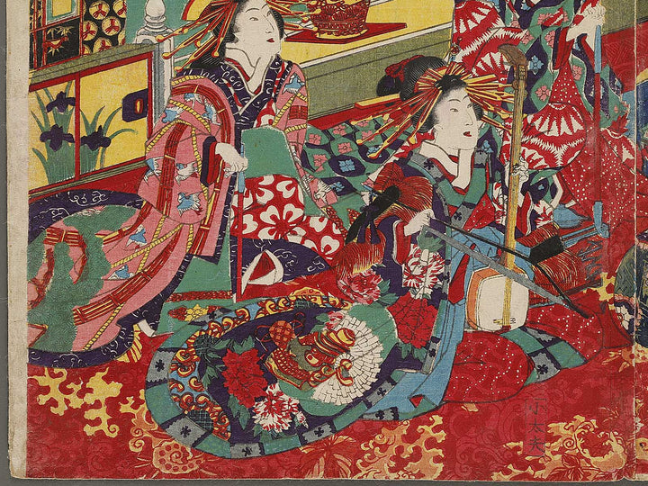 Shin yoshiwara edomachi kinpeiro imamurasaki no zashiki sankyoku no zu by Utagawa Yoshitora / BJ327-663