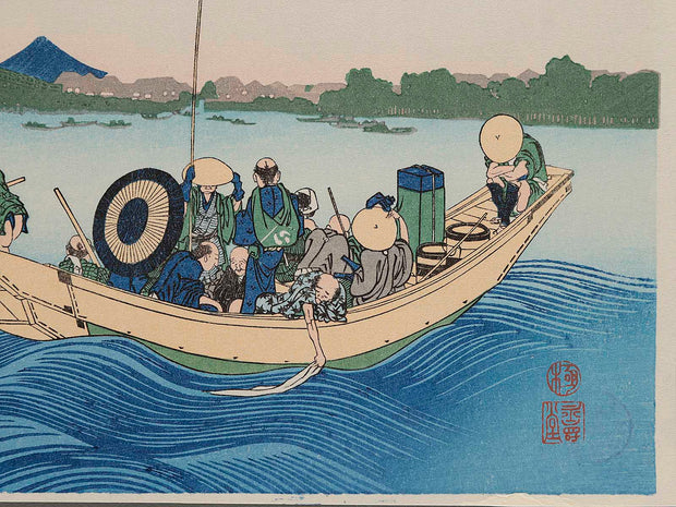 Viewing Sunset over the Ryogokubashi Bridge from the Onmayagashi River Bank from the series Thirty-six Views of Mount Fuji by Katsushika Hokusai, (Small print size) / BJ214-116