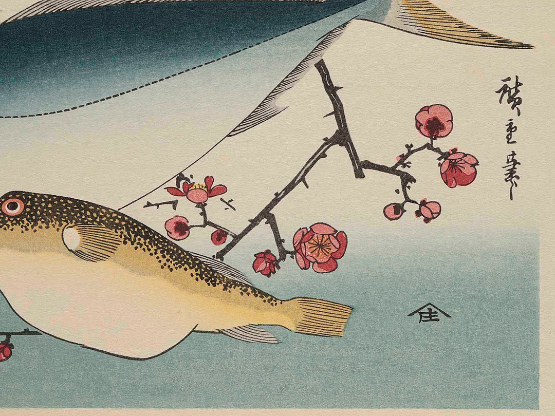Yelloetail, Puffer & Plum Blossoms from the series the series FISH by Utagawa Hiroshige, (Large print size) / BJ227-689