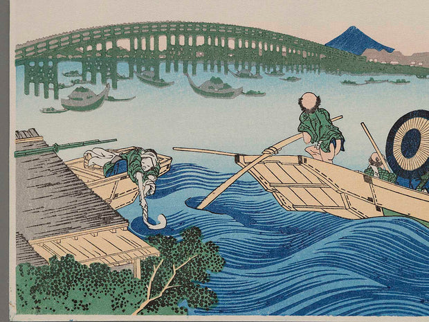 Viewing Sunset over the Ryogokubashi Bridge from the Onmayagashi River Bank from the series Thirty-six Views of Mount Fuji by Katsushika Hokusai, (Small print size) / BJ214-116