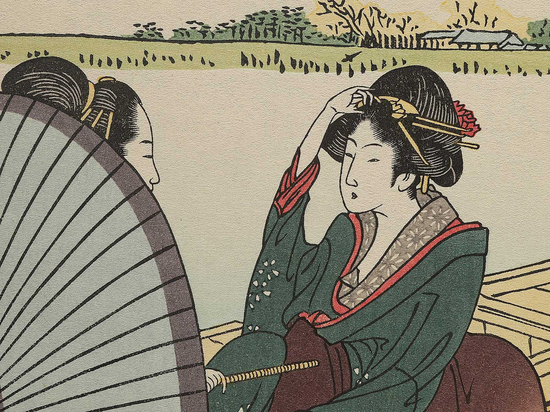 Two belles on boating under a bridge from the series Itako zekku by Katsushika Hokusai, (Medium print size) / BJ293-265